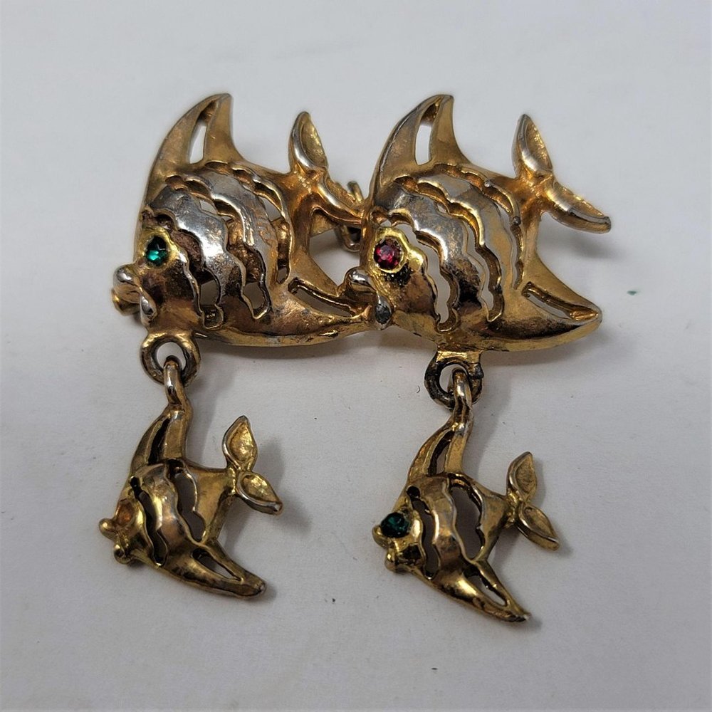 A School of Fish Pin Brooch Rhinestone Eyes Gold